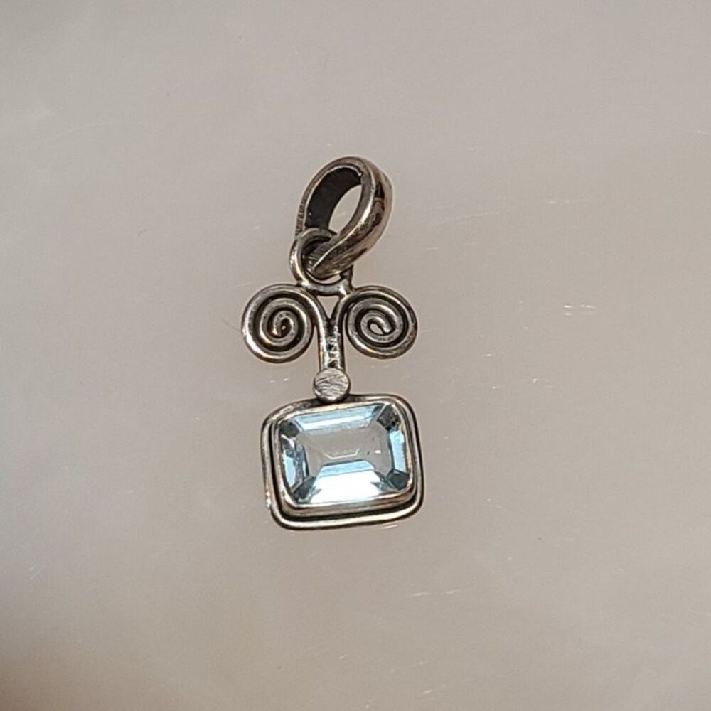 925 Sterling Silver Blue Topaz Pendant Rectangle Faceted Gemstone Spiral Scroll